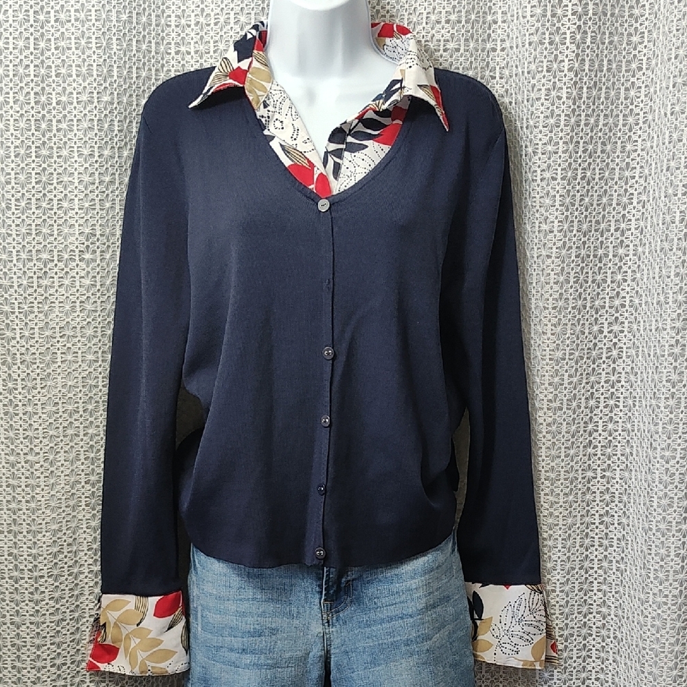 Alfred Dunner Navy Cardigan with Floral Accents